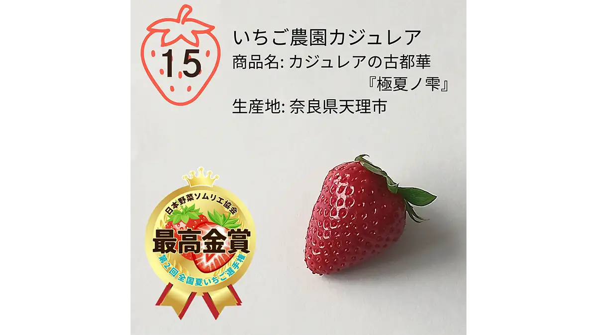 おいしい「夏いちご」日本一　奈良県天理市の古都華「極夏ノ雫」日本野菜ソムリエ協会