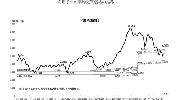 子牛価格　11年ぶり50万円下回る　黒毛和種